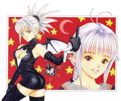 Rule 34 | 1990s (style), ass, bat wings, black gloves, black legwear, braid, breasts, brown eyes, cleavage cutout, clothing cutout, crescent moon, dress, earrings, gloves, grin, highres, jewelry, katsura masakazu, komori aimi, long hair, looking at viewer, medium breasts, middle finger, moon, non-web source, official art, pink hair, ponytail, retro artstyle, shadow lady, skirt, sleeveless, sleeveless dress, smile, star (symbol), turtleneck, twisted torso, white hair, wings