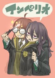 Rule 34 | 2girls, ahoge, black robe, brown hair, casting spell, chiyo maru, clothes grab, collared shirt, cropped torso, drooling, glasses, green robe, hair between eyes, head on another&#039;s shoulder, highres, hogwarts legacy, holding, holding wand, hood, hood down, hooded robe, hufflepuff, jitome, long hair, magic, mind control, mouth drool, multiple girls, necktie, opaque glasses, open mouth, original, pink background, pink eyes, purple hair, robe, round eyewear, sanpaku, sharp teeth, shirt, slytherin, smile, speech bubble, star (symbol), striped necktie, sweater, teeth, translation request, wand, wavy hair, white shirt, wizarding world, yellow robe, yellow sweater