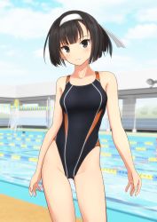 Rule 34 | 1girl, absurdres, akizuki (kancolle), black eyes, black hair, black one-piece swimsuit, blue sky, blurry, cloud, collarbone, commentary request, competition swimsuit, contrapposto, cowboy shot, day, depth of field, gluteal fold, groin, hairband, highres, kantai collection, looking at viewer, one-piece swimsuit, outdoors, parted lips, pool, short hair, sky, solo, standing, swimsuit, takafumi, white hairband