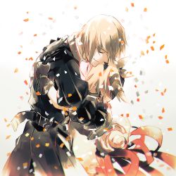 Rule 34 | 10s, 1boy, 1girl, blonde hair, bow, brother and sister, closed eyes, coat, confetti, dress, edna (tales), eizen (tales), gloves, gotou (pixiv37128), gradient background, hetero, hug, ribbon, siblings, side ponytail, tales of (series), tales of berseria, tales of zestiria, tearing up