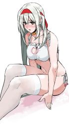 Rule 34 | 10s, 1girl, bell, blush, breasts, brown eyes, cat cutout, cat lingerie, cleavage cutout, clothing cutout, jingle bell, kantai collection, long hair, looking at viewer, meme attire, panties, red eyes, ruuto (sorufu), shoukaku (kancolle), side-tie panties, silver hair, sitting, solo, thighhighs, underwear, underwear only