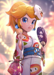 Rule 34 | 1girl, absurdres, blonde hair, blue eyes, cowboy shot, earrings, fireworks, gonzarez, hand fan, highres, japanese clothes, kimono, mario (series), mask, mask on head, nintendo, obi, paper fan, parted lips, ponytail, pouch, princess peach, sash, solo, sphere earrings, super mario odyssey