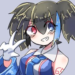 Rule 34 | 1girl, bare shoulders, black hair, blue eyes, blue jacket, blue necktie, blush, collared shirt, commentary request, detached sleeves, dress shirt, gloves, grey background, grin, heterochromia, highres, jacket, looking at viewer, multicolored hair, myon x, necktie, number tattoo, portrait, red eyes, red trim, shirt, short hair, short twintails, shoulder tattoo, sketch, sleeveless, sleeveless jacket, sleeveless shirt, smile, solo, streaked hair, tattoo, teeth, twintails, utau, white gloves, white shirt, yokune ruko