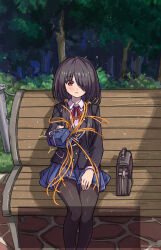 Rule 34 | 1girl, absurdres, bench, black hair, blue skirt, box, commentary request, date a live, forest, gift, gift box, hair over one eye, highres, long hair, looking at viewer, nature, nero augustus, pantyhose, park bench, raizen high school uniform, red eyes, rope, school uniform, sitting, skirt, solo, surprised, tokisaki kurumi, translation request