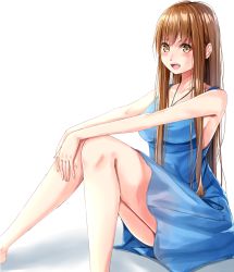 Rule 34 | 1girl, :d, amagami rukichi, armpits, bad id, bad pixiv id, bare arms, bare shoulders, barefoot, blue dress, blush, breasts, brown eyes, brown hair, collarbone, commentary request, dress, jewelry, long hair, looking at viewer, looking to the side, medium breasts, necklace, open mouth, original, sera warheit, sitting, sleeveless, sleeveless dress, smile, solo, teeth, v arms, very long hair