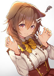 Rule 34 | 1girl, animal ears, blush, bone hair ornament, bow, braid, breasts, brown eyes, brown hair, brown nails, brown skirt, center frills, claw pose, closed mouth, collared shirt, commentary request, dog ears, dutch angle, frills, gradient background, grey background, hair between eyes, hair ornament, hands up, high-waist skirt, highres, hololive, inugami korone, inugami korone (street), kagawa ichigo, long hair, long sleeves, looking at viewer, nail polish, plaid, plaid bow, shirt, skirt, small breasts, solo, squiggle, twin braids, virtual youtuber, white background, white shirt, yellow bow