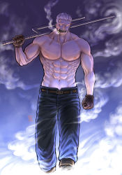 Rule 34 | 1boy, abs, bara, beard, blue pants, cigar, dark, denim, eye trail, facial hair, feet out of frame, glowing, glowing eyes, highres, jeans, kokorozashi, large pectorals, leather belt, light trail, looking at viewer, male focus, mature male, muscular, muscular male, navel, night, nipples, one piece, over shoulder, pants, pectorals, scar, scar on chest, short hair, sideburns, smoke, smoker (one piece), smoking, solo, stomach, stubble, topless male, weapon, weapon over shoulder, white hair