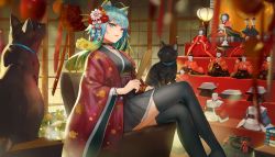 Rule 34 | 1girl, ahoge, animal, animal ear fluff, animal ears, black cat, black kimono, black skirt, black thighhighs, blue eyes, blue hair, blurry, blurry foreground, breasts, canking, cat, cat ears, commentary request, controller, crossed legs, depth of field, floral print, flower, folded fan, folding fan, game controller, gradient hair, green hair, hair flower, hair ornament, hand fan, haori, highres, hinadan, hinamatsuri, holding, holding fan, indoors, japanese clothes, kimono, lanmewko, long hair, long sleeves, looking at viewer, multicolored hair, obi, pleated skirt, sash, sitting, skirt, small breasts, solo, star (symbol), star hair ornament, thighhighs, white flower, wide sleeves