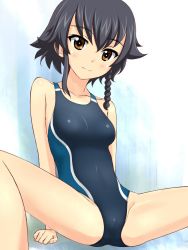 Rule 34 | 10s, 1girl, bad id, bad twitter id, blush, braid, breasts, competition swimsuit, girls und panzer, highres, one-piece swimsuit, orange eyes, pepperoni (girls und panzer), purple hair, spread legs, swimsuit, takafumi