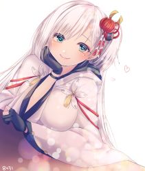 Rule 34 | 1girl, 8931ponzu, azur lane, black gloves, blue eyes, blush, breasts, closed mouth, eyeliner, gloves, hair ornament, heart, heart-shaped pupils, large breasts, long hair, long sleeves, looking at viewer, makeup, mole, mole under eye, one side up, partially fingerless gloves, shoukaku (azur lane), smile, solo, straight hair, symbol-shaped pupils, white hair, wide sleeves