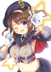 Rule 34 | 1girl, absurdres, artist request, azur lane, bad id, bad pixiv id, beret, blush, breasts, brown hair, commentary request, cross, double v, gloves, hair ribbon, hat, highleg, highleg panties, highres, iron cross, long hair, medium breasts, navel, one eye closed, one side up, panties, purple eyes, ribbon, sideboob, solo, stomach, underwear, upper body, v, white background, white gloves, white panties, z35 (azur lane)