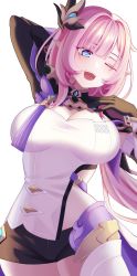 Rule 34 | 1girl, absurdres, blue eyes, breasts, elysia (honkai impact), elysia (miss pink elf) (honkai impact), gtfolingling, highres, honkai (series), honkai impact 3rd, large breasts, looking to the side, pale skin, pink hair, pointy ears, short shorts, shorts, simple background, solo, thick thighs, thighs, white background