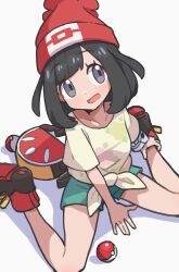 Rule 34 | 1girl, bag, bare legs, beanie, black hair, blush, boots, bracelet, collarbone, commentary request, creatures (company), eyelashes, floral print, game freak, green shorts, grey eyes, hat, highres, hiisu (s-1104-d), jewelry, nintendo, open mouth, poke ball, poke ball (basic), pokemon, pokemon sm, red hat, selene (pokemon), shirt, short shorts, short sleeves, shorts, sitting, solo, t-shirt, tied shirt, tongue, unworn bag, yellow shirt, z-ring