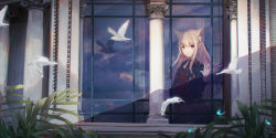 Rule 34 | 1girl, absurdres, animal ears, bird, blonde hair, blue jacket, braid, brown dress, brown eyes, bug, butterfly, buttons, chromatic aberration, closed mouth, cloud, commentary request, dress, fantasy, hair ribbon, hand on window, highres, insect, jacket, leaf, long hair, necktie, original, reflection, ribbon, sagiri (ulpha220), scenery, shadow, shirt, sky, smile, solo, standing, white shirt, window
