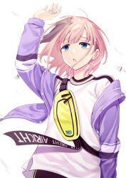 Rule 34 | 1girl, absurdres, arm up, black pants, blue eyes, brown hair, commentary request, drawstring, fanny pack, highres, idolmaster, idolmaster shiny colors, jacket, long sleeves, looking away, makise minami, off shoulder, open clothes, open jacket, pants, parted lips, purple jacket, serizawa asahi, shirt, simple background, solo, white background, white shirt