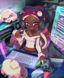 Rule 34 | 2girls, can, cephalopod eyes, character doll, closed eyes, commentary, dark-skinned female, dark skin, drink can, english commentary, eyelashes, furrowed brow, headphones, highres, indoors, inkling, keyboard (computer), long hair, looking at viewer, marina (splatoon), mole, mole under mouth, monitor, mouse (computer), multiple girls, navel piercing, nintendo, nintendo switch pro controller, octoling, off-shoulder shirt, off shoulder, pearl (splatoon), piercing, pink hair, purple hair, real life, red pupils, shirt, sitting, smile, soda can, sparkle, splatoon (series), splatoon 2, stup-jam, teeth, tentacle hair, thick eyebrows, video call, voice actor, white shirt