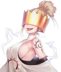 Rule 34 | 1girl, artist name, bare shoulders, blonde hair, braid, breasts, chikuwa savy, clothing cutout, commentary request, crown, en&#039;en no shouboutai, from side, hair up, haumea, highres, large breasts, medium hair, no bra, shoulder cutout, shoulder tattoo, sideboob, simple background, solo, tattoo, tongue, tongue out, white background