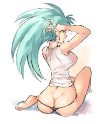 Rule 34 | 1girl, ass, back, barefoot, black panties, breasts, butt crack, dimples of venus, earrings, facing away, feet, full body, jewelry, kenshin187, large breasts, long hair, panties, ryouko (tenchi muyou!), see-through, shirt, silver hair, simple background, solo, tenchi muyou!, thong, underwear, white background, white shirt, yellow eyes