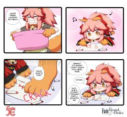 Rule 34 | 2girls, animal ear fluff, animal ears, animal hands, apron, bell, cat paws, closed eyes, closed mouth, collar, collarbone, crushing, drawing, dual persona, english text, engrish text, fate/grand order, fate (series), fox ears, fox girl, fox tail, gloves, hair ribbon, highres, jingle bell, keita naruzawa, laundry, long hair, multiple girls, musical note, neck bell, open mouth, paw gloves, paw shoes, pink hair, ponytail, ranguage, red ribbon, ribbon, shoes, speech bubble, sweat, tail, tamamo (fate), tamamo cat (fate), tamamo cat (first ascension) (fate), tamamo cat (second ascension) (fate), tears, yellow eyes
