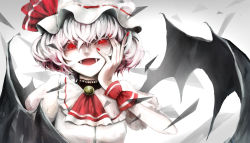 Rule 34 | 1girl, ascot, bad id, bad pixiv id, bat wings, evil smile, fangs, gradient background, hand on own face, hat, hat ribbon, lam (ramdayo), looking at viewer, mob cap, nail polish, open mouth, puffy sleeves, red eyes, remilia scarlet, ribbon, short hair, short sleeves, smile, solo, touhou, upper body, wings, wrist cuffs