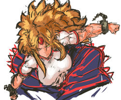 Rule 34 | 1girl, blonde hair, breasts, chain, cuffs, glowing, glowing eyes, highres, horns, hoshiguma yuugi, jumping, large breasts, long hair, looking at viewer, muscular, nameo (judgemasterkou), outstretched arms, red eyes, shackles, shirt, simple background, single horn, sketch, skirt, solo, spread arms, star (symbol), touhou, veins, white background