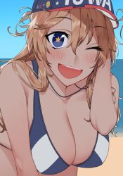 Rule 34 | 1girl, :d, bad id, bad twitter id, beach, bikini, blew andwhite, blue bikini, blue eyes, blush, breasts, brown hair, collarbone, commentary, hat, highres, horizon, large breasts, leaning forward, long hair, looking at viewer, ocean, one eye closed, open mouth, original, simple background, sketch, smile, solo, star-shaped pupils, star (symbol), swimsuit, symbol-only commentary, symbol-shaped pupils, teeth, unfinished, upper body, upper teeth only