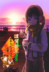 Rule 34 | 1girl, 6+others, :d, aiuabo, animal, beach, black hair, blue eyes, blush, chinese zodiac, commentary request, cup, drawstring, dusk, happy new year, headset, highres, holding, holding cup, jacket, kotoyoro, long sleeves, looking at viewer, multiple others, nail polish, nengajou, new year, ocean, open mouth, original, outdoors, pig, plaid, plaid scarf, red nails, scarf, skirt, smile, solo focus, steam, twintails, year of the pig