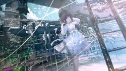 Rule 34 | 1girl, absurdres, adjusting hair, ahoge, awning, banishment, black hair, bow, building, center frills, cloud, collared dress, commentary, day, dress, dutch angle, empty eyes, english commentary, feet out of frame, frilled dress, frills, grey eyes, hands up, highres, huge filesize, industrial, ladder, lantern, layered dress, light trail, long sleeves, looking away, open mouth, original, outdoors, industrial pipe, platform, railing, ribbon, scenery, short hair, sidelocks, signature, smile, solo, stairs, standing, white bow, white dress, white neckwear, white ribbon, wind, wing collar