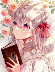 Rule 34 | 1girl, book, character request, commentary, copyright request, english commentary, fingernails, hair ribbon, highres, holding, holding book, long hair, multicolored nails, nail polish, parted hair, pink eyes, red ribbon, ribbon, samo cha, silver hair, solo