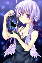 Rule 34 | 1girl, ahoge, angel wings, animal, bare shoulders, birdcage, black dress, breasts, bug, butterfly, cage, cleavage, closed mouth, dress, glowing, hair between eyes, hair ornament, hair ribbon, hair tubes, hairpin, holding, bug, jewelry, light smile, long hair, low twintails, low wings, necklace, pendant, purple eyes, purple hair, red ribbon, ribbon, short hair with long locks, silhouette, simple background, sleeveless, sleeveless dress, solo, spaghetti strap, star (symbol), starry background, tsurime, twintails, upper body, vocaloid, voiceroid, white wings, wings, yoitsukishin, yuzuki yukari