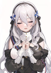 Rule 34 | 1girl, absurdres, arknights, black dress, breasts, chinese commentary, closed eyes, clothing cutout, commentary request, dress, grey hair, hair between eyes, hat, highres, juejue, long sleeves, medium breasts, no headwear, open mouth, own hands clasped, own hands together, praying, shoulder cutout, shoulder strap, sidelocks, simple background, solo, specter (arknights), specter the unchained (arknights), two-tone headwear, white background, white hat