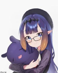 Rule 34 | 1girl, beret, black hat, blue eyes, blush, collared shirt, glasses, grey background, grey shirt, hat, highres, holding, holding stuffed toy, hololive, hololive english, ninomae ina&#039;nis, ninomae ina&#039;nis (casual), pointy ears, purple hair, shirt, smile, solo, stuffed toy, takodachi (ninomae ina&#039;nis), tenchi mayo, tentacle hair, twitter username, virtual youtuber