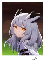 Rule 34 | 1girl, arknights, border, brown background, from side, grey hair, highres, jacket, looking at viewer, medium hair, orange eyes, owl ears, portrait, ptilopsis (arknights), signature, simple background, smile, solo, udon wudong, white border, white jacket