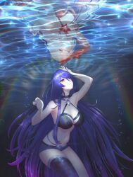 Rule 34 | 1girl, acheron (honkai: star rail), bare arms, bare shoulders, bikini, bikini top only, black choker, black shorts, breasts, choker, commentary request, different reflection, halterneck, highres, honkai: star rail, honkai (series), large breasts, long hair, navel, purple eyes, purple hair, redgras, reflection, short shorts, shorts, single thighhigh, stomach, swimsuit, thighhighs, thighs, underwater, very long hair