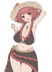 Rule 34 | 1girl, :d, armlet, armpits, belly, bikini, black bikini, black bikini bottom, bracelet, breasts, cleavage, earrings, flower, frilled bikini, frills, gonzarez, happy, hat, highres, jewelry, large breasts, md5 mismatch, midriff, navel, o-ring, o-ring bikini, o-ring top, open mouth, pyra (xenoblade), red eyes, red hair, ribbon, sideboob, smile, solo, stomach, straw hat, swimsuit, thigh gap, thighs, underboob, unfinished, wide hips, xenoblade chronicles (series), xenoblade chronicles 2