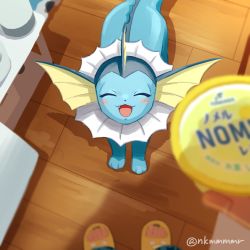 Rule 34 | 1other, :d, blurry, blush, commentary request, creatures (company), closed eyes, facing viewer, fangs, funahashi (nkmmmmr), game freak, gen 1 pokemon, holding, indoors, nintendo, open mouth, pokemon, pokemon (creature), pov, smile, tongue, twitter username, vaporeon, watermark, wooden floor