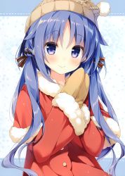 Rule 34 | 1girl, absurdres, beanie, black ribbon, blue eyes, blue hair, blush, braid, buttons, capelet, closed mouth, coat, fur trim, hair flaps, hair ribbon, hat, highres, long hair, long sleeves, looking at viewer, mittens, original, own hands together, red coat, ribbon, scan, smile, snowflake background, solo, suimya, upper body, wavy hair, winter clothes