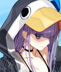 Rule 34 | 1girl, bikini, black bikini, black choker, black jacket, blue background, blunt bangs, blush, choker, close-up, closed mouth, commentary request, eyes visible through hair, fate/grand order, fate (series), haiba 09, hair behind ear, hood, hood up, hooded jacket, jacket, long hair, looking at viewer, meltryllis, meltryllis (fate), meltryllis (swimsuit lancer) (fate), meltryllis (swimsuit lancer) (first ascension) (fate), partial commentary, portrait, purple eyes, purple hair, signature, simple background, smile, solo, swimsuit, visor cap