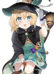 Rule 34 | 1girl, absurdres, adapted costume, aqua eyes, black capelet, blonde hair, blush, bottle, bow, broom, broom riding, brown shirt, buttons, capelet, cloud print, commentary request, dated, double-breasted, double-parted bangs, frilled gloves, frills, gloves, green skirt, hair between eyes, hand on headwear, hat, high-waist skirt, highres, hololive, kazama iroha, kazama iroha (1st costume), looking at viewer, medium hair, open mouth, shirt, simple background, skirt, solo, sweatdrop, virtual youtuber, waist bow, water bottle, white gloves, witch, witch hat, yoshioka (today is kyou)