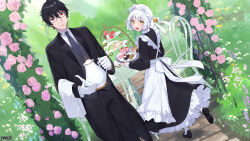 Rule 34 | 1boy, 1girl, :d, apron, arch, bell, black dress, black footwear, black hair, black necktie, black pants, black suit, butler, chair, copyright name, cream puff, dairoku ryouhei, day, dessert, dress, dutch angle, floral arch, flower, food, formal, glasses, gloves, grey vest, hat, highres, holding, holding teapot, jingle bell, looking at viewer, looking back, macaron, maid, maid apron, mob cap, murakumo genji, necktie, open mouth, outdoors, pants, pantyhose, red eyes, sagiri suzunone, short hair, smile, suit, table, takana (tw6), teapot, tiered tray, towel, vest, white gloves, white hair, white headwear, white pantyhose, yellow eyes