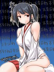 Rule 34 | 10s, 1girl, 2016, alternate hairstyle, black hair, breasts, commentary request, dated, eyebrows, hair ornament, headgear, japanese clothes, kantai collection, medium breasts, no pants, nontraditional miko, ponytail, red eyes, solo, tatsumi ray, twitter username, yamashiro (kancolle)