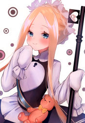 Rule 34 | 1girl, abigail williams (fate), abigail williams (festival outfit) (fate), absurdres, black dress, blonde hair, blue eyes, blush, braid, brown background, butterfly hair ornament, closed mouth, dress, fate/grand order, fate (series), forehead, hair ornament, hand up, heroic spirit festival outfit, highres, keyhole, long hair, long sleeves, official alternate costume, parted bangs, shirt, simple background, sleeveless, sleeveless dress, sleeves past fingers, sleeves past wrists, smile, solo, stuffed animal, stuffed toy, suzuho hotaru, teddy bear, very long hair, white shirt