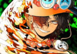 Rule 34 | 1boy, absurdres, artist name, bead necklace, beads, black hair, commentary, cowboy hat, english commentary, fire, freckles, hair over one eye, hat, highres, jewelry, male focus, mygiorni, necklace, one eye covered, one piece, orange hat, portgas d. ace, short hair, skull, smile, solo, teeth