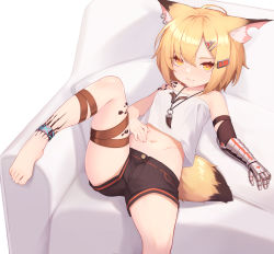Rule 34 | 1girl, absurdres, ahoge, animal ear fluff, animal ears, arknights, bare shoulders, barefoot, black shorts, blonde hair, breasts, closed mouth, commentary request, couch, crop top, ear piercing, eyes visible through hair, fang, fang out, feet, foot out of frame, fox ears, fox girl, fox tail, hair between eyes, hair ornament, hairclip, hand on own stomach, highres, infection monitor (arknights), jewelry, leg up, looking at viewer, mari0ball, material growth, medium hair, midriff, navel, necklace, notched ear, on couch, oripathy lesion (arknights), piercing, prosthesis, prosthetic arm, short shorts, shorts, sitting, skin fang, small breasts, solo, tail, toes, tooth necklace, vermeil (arknights), yellow eyes