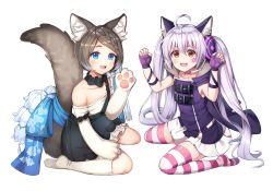 Rule 34 | 2girls, :3, :d, ahoge, animal ear headphones, animal ears, animal hands, arms up, bare shoulders, blue bow, blue eyes, blush, bow, braid, brown hair, cat ear headphones, character request, claw pose, collarbone, dress, facial mark, fake animal ears, fingerless gloves, forever 7th capital, gloves, green skirt, hair between eyes, headphones, headset, highres, japanese clothes, kneehighs, looking at viewer, multiple girls, no shoes, off-shoulder shirt, off shoulder, open mouth, parted bangs, paw gloves, purple dress, purple gloves, rangen, shirt, short hair, silver hair, simple background, skirt, sleeveless, sleeveless shirt, smile, socks, star (symbol), striped clothes, striped legwear, striped thighhighs, suspender skirt, suspenders, suspenders slip, tail, thighhighs, twintails, white background, white legwear, white shirt
