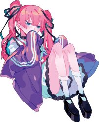 Rule 34 | 1girl, black choker, black footwear, black ribbon, blue eyes, blunt bangs, choker, collar, collared dress, covering own mouth, crying, crying with eyes open, dress, frilled collar, frilled dress, frilled socks, frills, hair ribbon, highres, himanemuitoma, jacket, knees up, long hair, long sleeves, michiko ame, pink hair, purple jacket, rainy girl (vocaloid), ribbon, sad, sitting, sleeves past fingers, sleeves past wrists, socks, solo, tears, transparent background, twintails, vocaloid, white dress, white socks