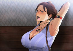 Rule 34 | 1girl, armpits, arms behind head, arms up, bare arms, black eyes, blush, breasts, brown hair, cleavage, dark skin, dark-skinned female, ear piercing, earrings, female focus, greco roman (spiral brain), highres, hoop earrings, indoors, jewelry, large breasts, necklace, open mouth, piercing, ponytail, resident evil, resident evil 5, saliva, sheva alomar, short ponytail, solo, tongue, upper body