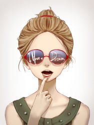 Rule 34 | 1girl, blurry, brown eyes, brown hair, buttons, commentary request, depth of field, english text, finger to mouth, hair tie, highres, minamito, open mouth, original, ponytail, simple background, sleeveless, solo, sunglasses, teeth, upper body
