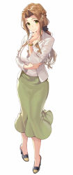Rule 34 | 1girl, arm under breasts, blazer, braid, breasts, brown hair, closed mouth, commentary request, crown braid, finger to cheek, formal, full body, green eyes, green skirt, high heels, highres, jacket, large breasts, long hair, looking at viewer, low-tied long hair, low tied hair, mature female, office lady, open clothes, open jacket, original, parted bangs, scrunchie, shirabi, shirt, skirt, smile, watch, white shirt