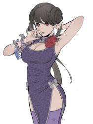Rule 34 | 1girl, animal print, arm behind head, bare arms, black hair, bow, breasts, china dress, chinese clothes, cleavage, cleavage cutout, clothing cutout, covering own mouth, cowboy shot, dress, final fantasy, final fantasy vii, final fantasy vii remake, flower, grey bow, grey dress, grey thighhighs, hair bun, hand in own hair, hand over own mouth, high collar, highres, large breasts, looking at viewer, official alternate costume, pelvic curtain, red eyes, red flower, red rose, rose, scrunchie, shillo, solo, thighhighs, tifa lockhart, tifa lockhart (sporty dress), twitter username, wall market, white background, wrist scrunchie